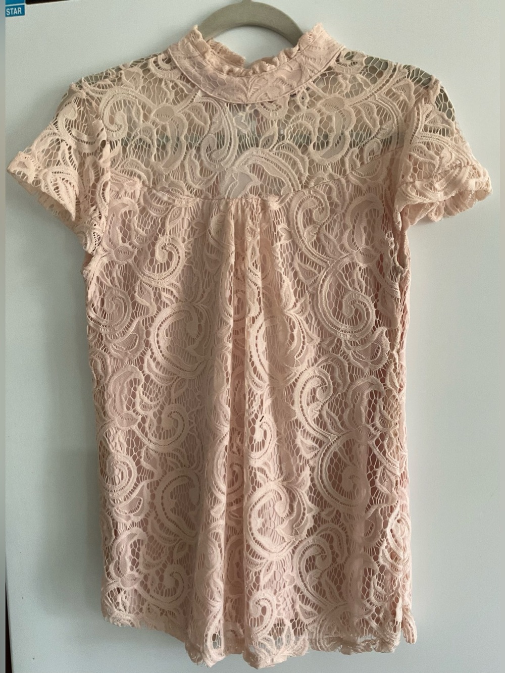 Lace High-Neck Short Sleeve Top — Blush Pink